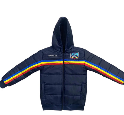 A navy blue hooded puffer jacket with a front zipper, featuring a colorful stripe design in yellow, red, and blue across the chest and sleeves, laid flat on a gray concrete surface.