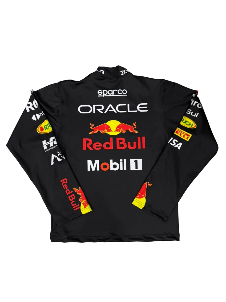 A black long-sleeve Oracle Red Bull Racing team shirt with sponsor logos, laid flat on a gray marble tile floor. The shirt features the Red Bull logo and names including Sparco, Oracle, Mobil 1, and Shell on the front and sleeves.